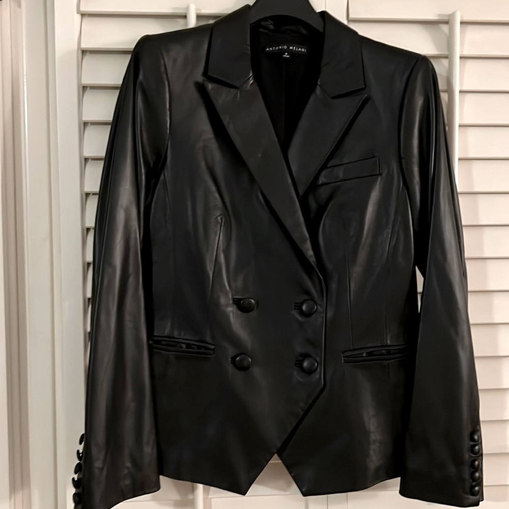 ANTONIO MELANI lamb skin jet black double breasted- leather jacket - size 8 wow